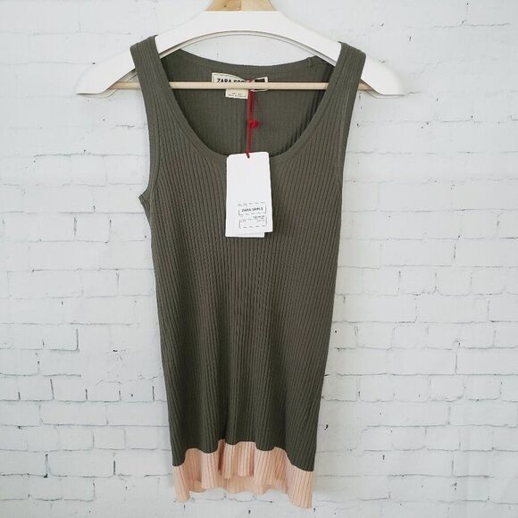 Zara Tops - ZARA SRPLS Tank Top Size S Olive Green Pink Trim Ribbed Knit NEW Scoop Neck